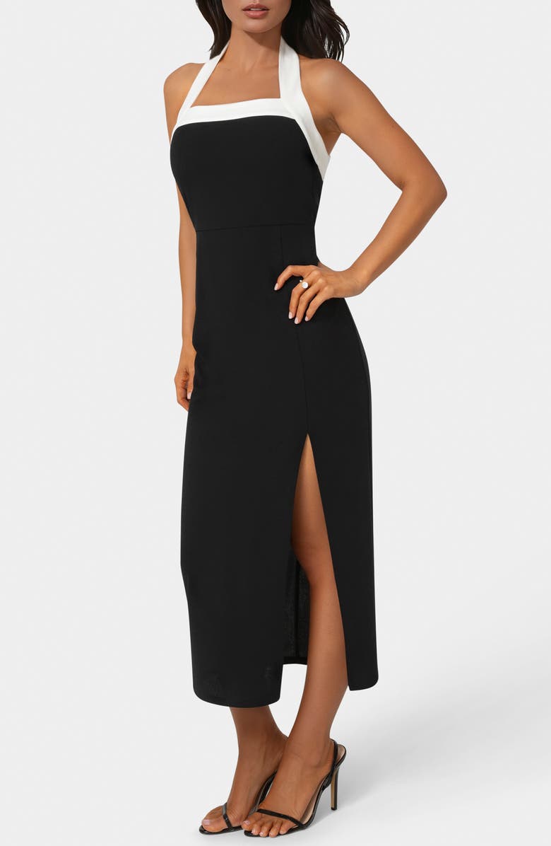 bebe Colorblock Halter Neck Midi Dress, Alternate, color, Black/ White