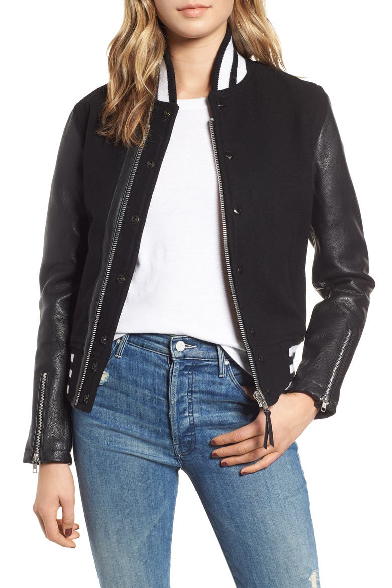 Moto Varsity Jacket, Main, color, BLACK
