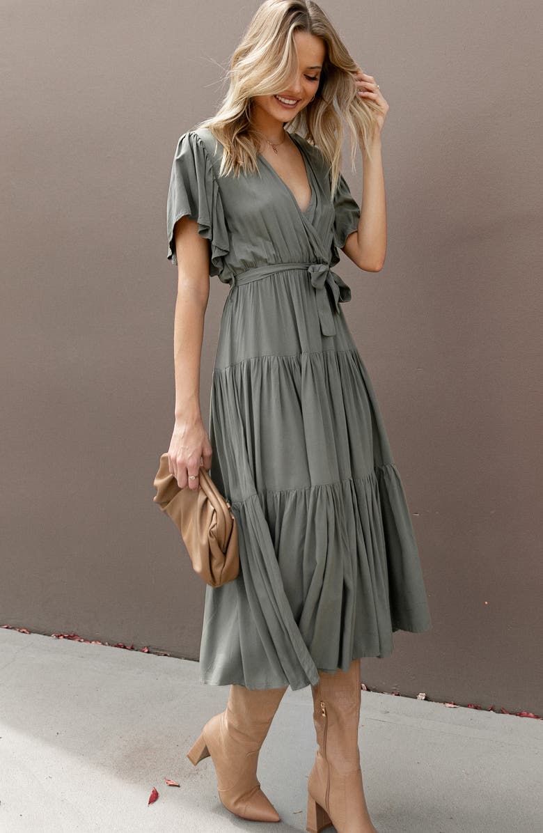 Petal & Pup Barker Tiered Faux Wrap Dress, Alternate, color, Olive