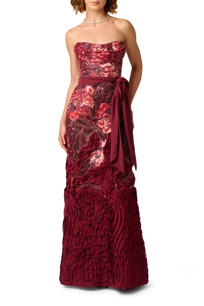 Beaded Floral Embroidered Strapless Gown, Main, color, MAHOGANY