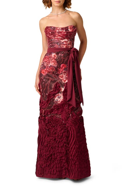 Beaded Floral Embroidered Strapless Gown