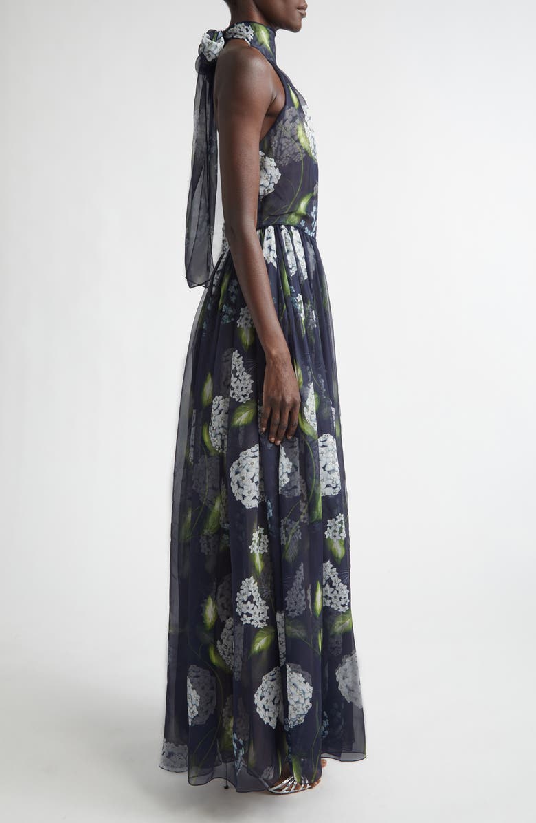 Oscar de la Renta Porcelain Flowers Pleated Silk Chiffon Gown, Alternate, color, Denim/ Navy