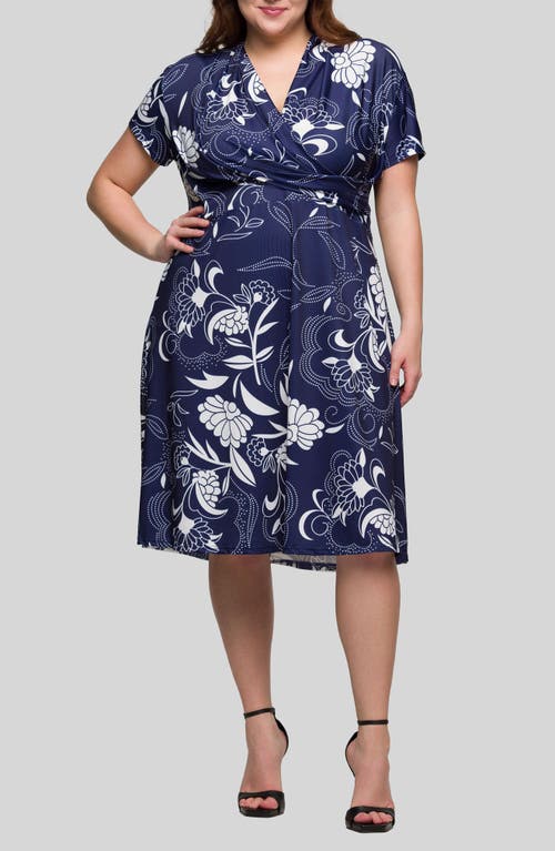 24seven Comfort Apparel Plus Size Print Short Sleeve Knee Length V-neck Wrap Dress In Navy Multi