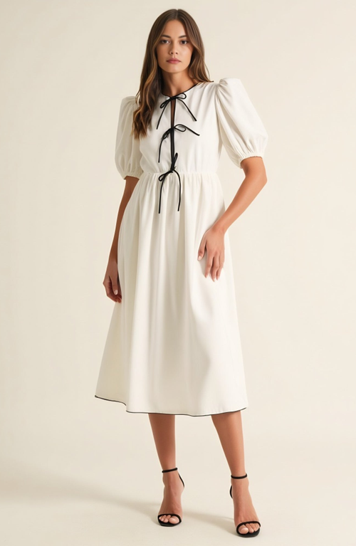 Modenaire Puff Sleeve Midi Dress With Tiered Front Ties And Contrast Trim