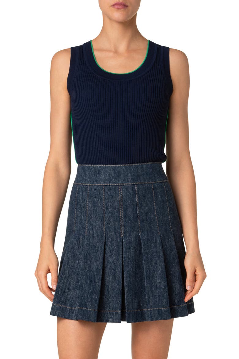 Piped Scoop Neck Virgin Merino Wool Rib Sweater Tank, Main, color, NAVY-SEA GREEN