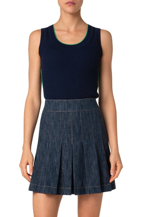 Piped Scoop Neck Virgin Merino Wool Rib Sweater Tank