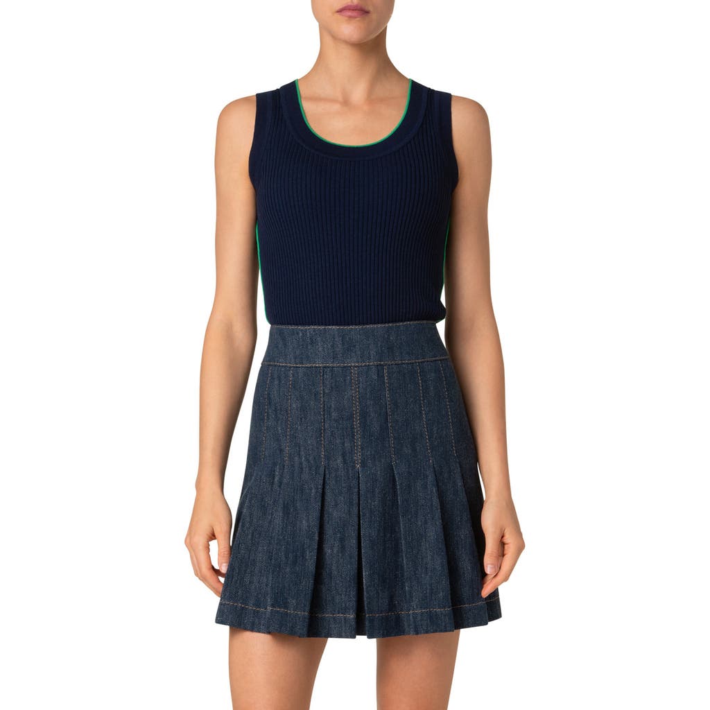 Akris Punto Piped Scoop Neck Virgin Merino Wool Rib Sweater Tank In Navy-sea Green