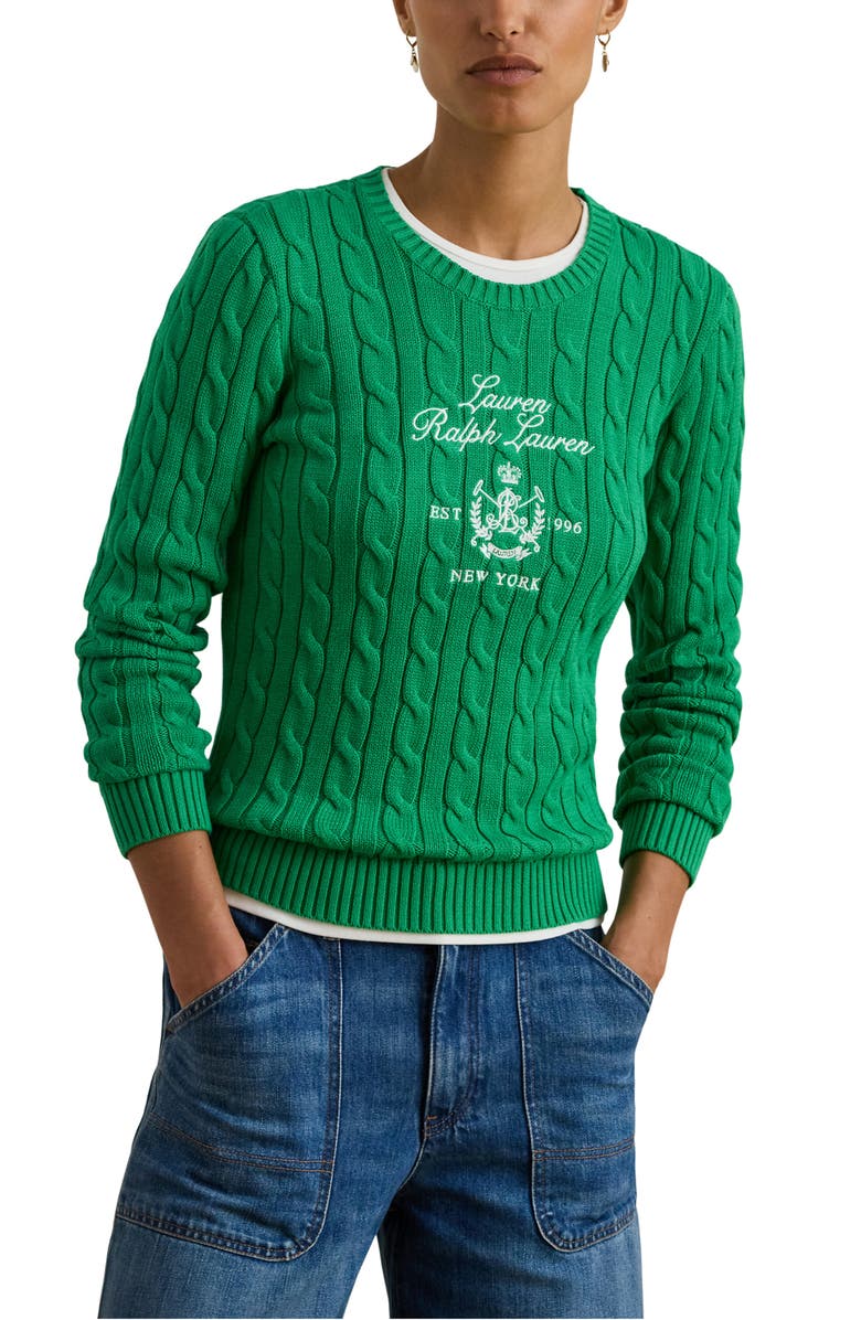 Lauren Ralph Lauren Embroidered Crest Cable Sweater, Main, color, Stem Green