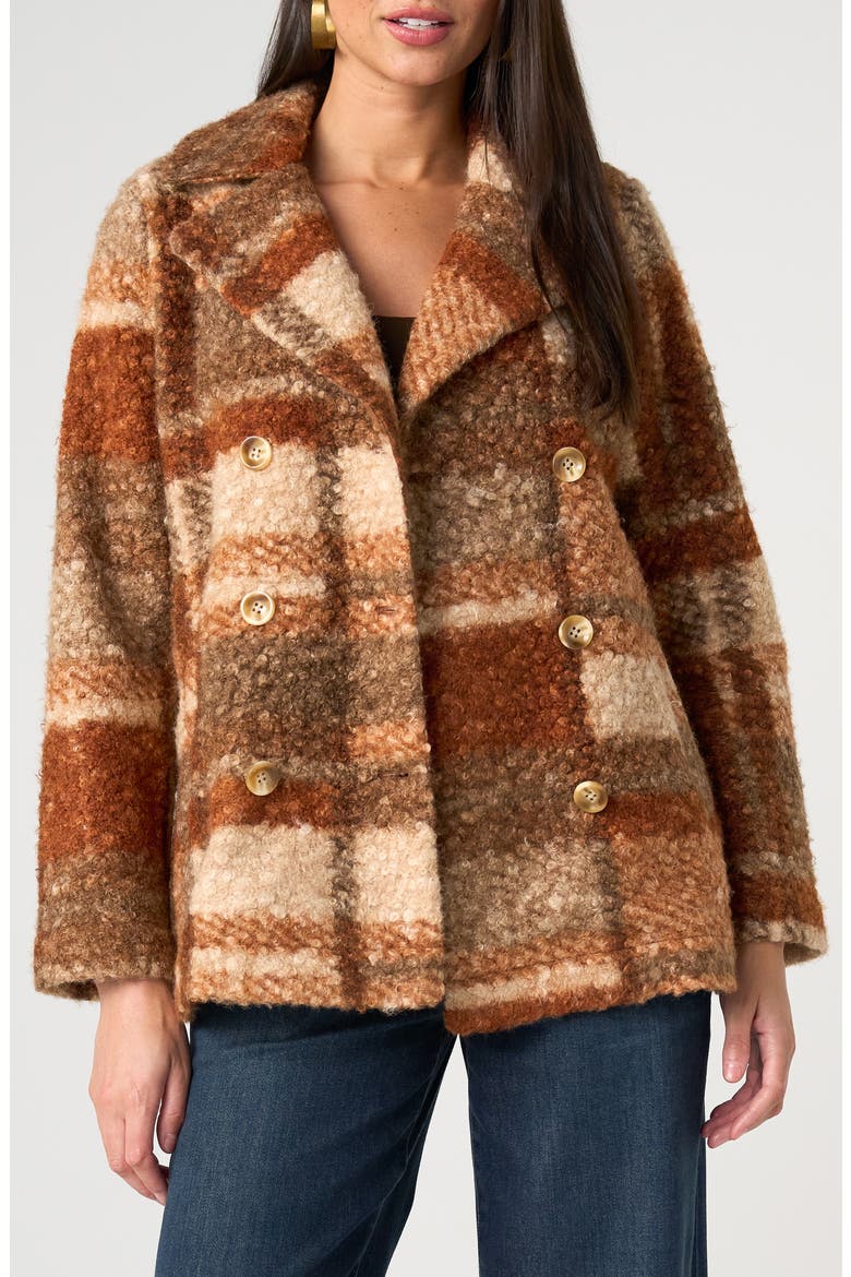 Double Breasted Plaid High Pile Fleece Coat, Main, color, NUTMEG MULTI