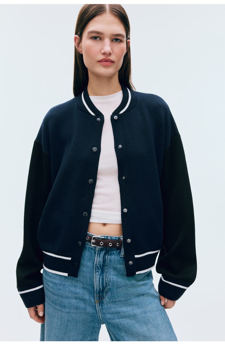 H&M Knitted Baseball Jacket, Alternate, color, Navy Blue