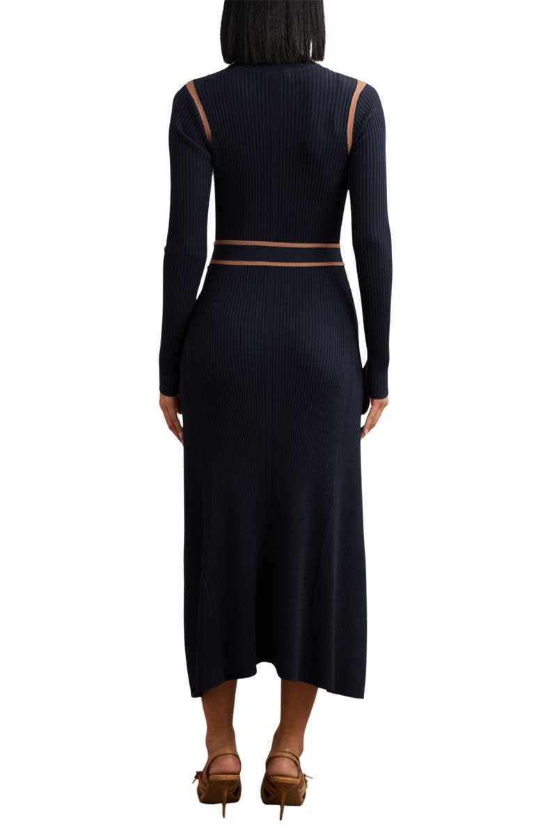 Reiss Ella Belted Long Sleeve Rib Maxi Dress, Alternate, color, Navy/ Camel