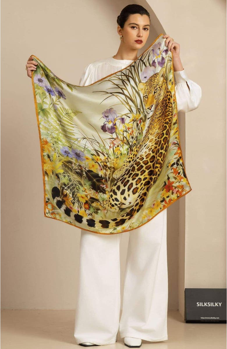 SILKSILKY Pure Silk Leopard & Floral Scarf, Alternate, color, Orange