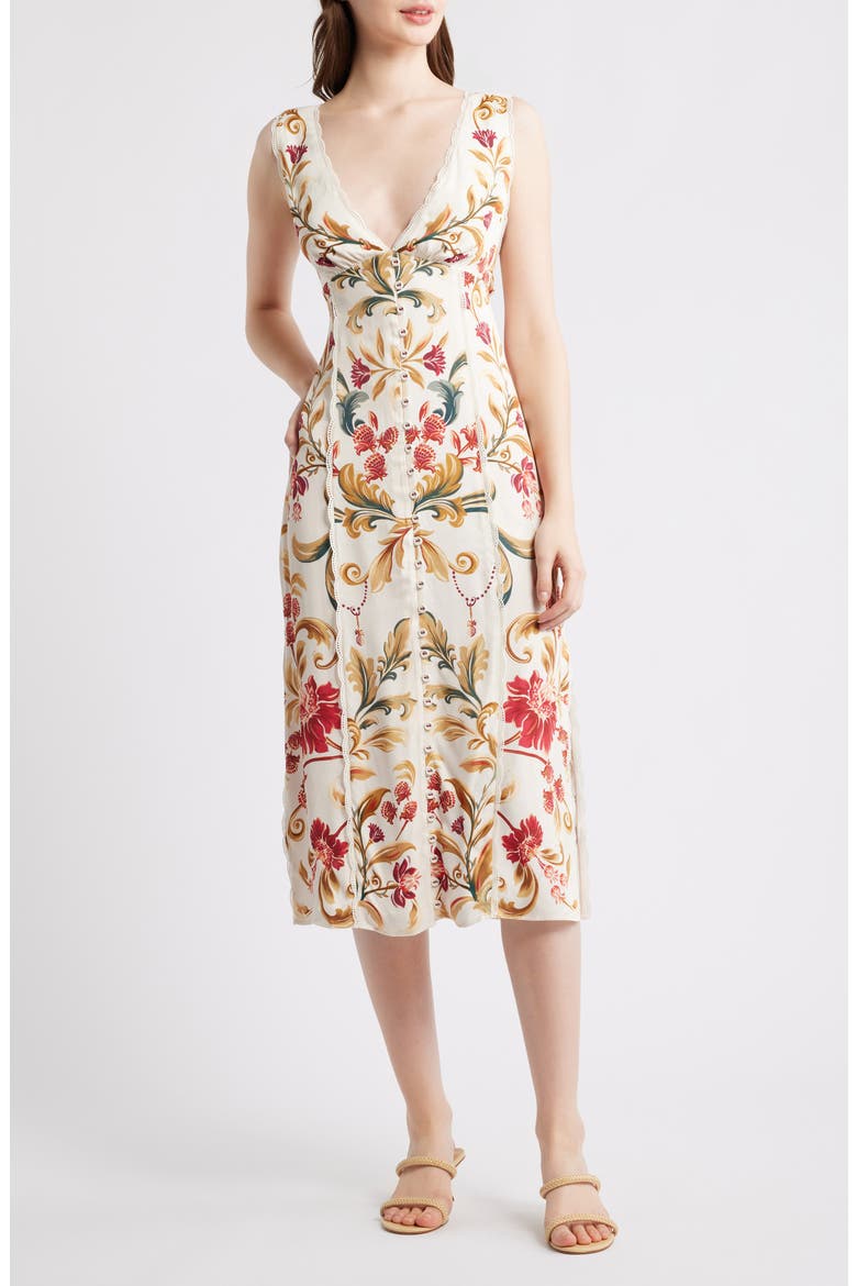 Royal Garden Print Sleeveless Satin Dress, Main, color, ROYAL GARDEN CREAM