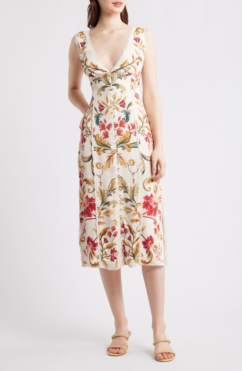 FARM Rio Royal Garden Print Sleeveless Satin Dress, Main, color, Royal Garden Cream