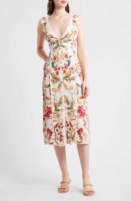 Royal Garden Print Sleeveless Satin Dress