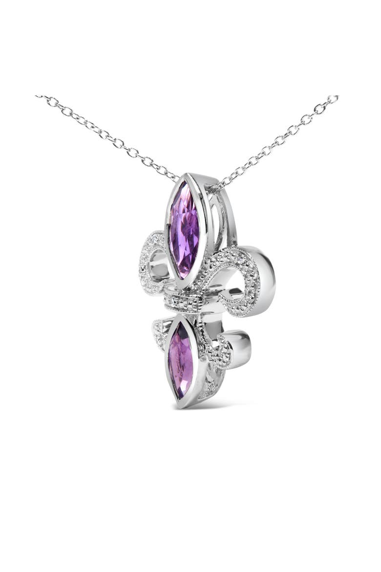 Silver Purple Amethyst Marquise and Diamond Accent Fleur De Lis Pendant Necklace, Alternate, color, White
