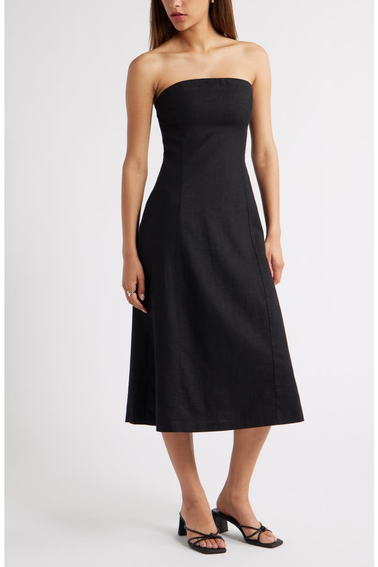 Strapless Linen Blend Midi Dress, Main, color, BLACK