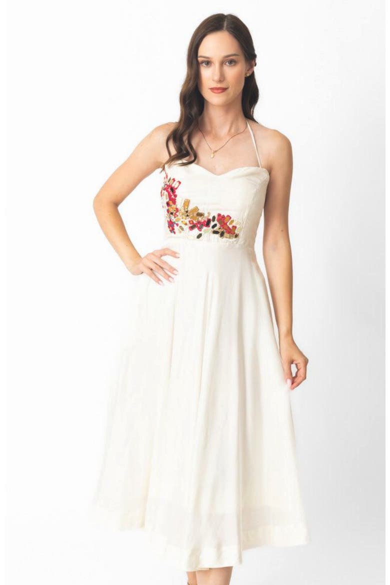 Mona Embroidered Strapless Midi Dress, Alternate, color, Off-White