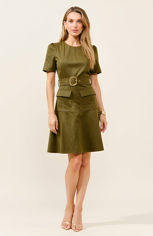 Modenaire Short Sleeve Mini Dress With Belted Waist And Utility Pockets In Green