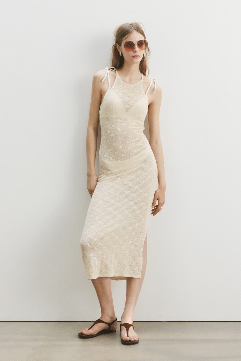 Crochet-look Low-back Dress, Alternate, color, Light beige