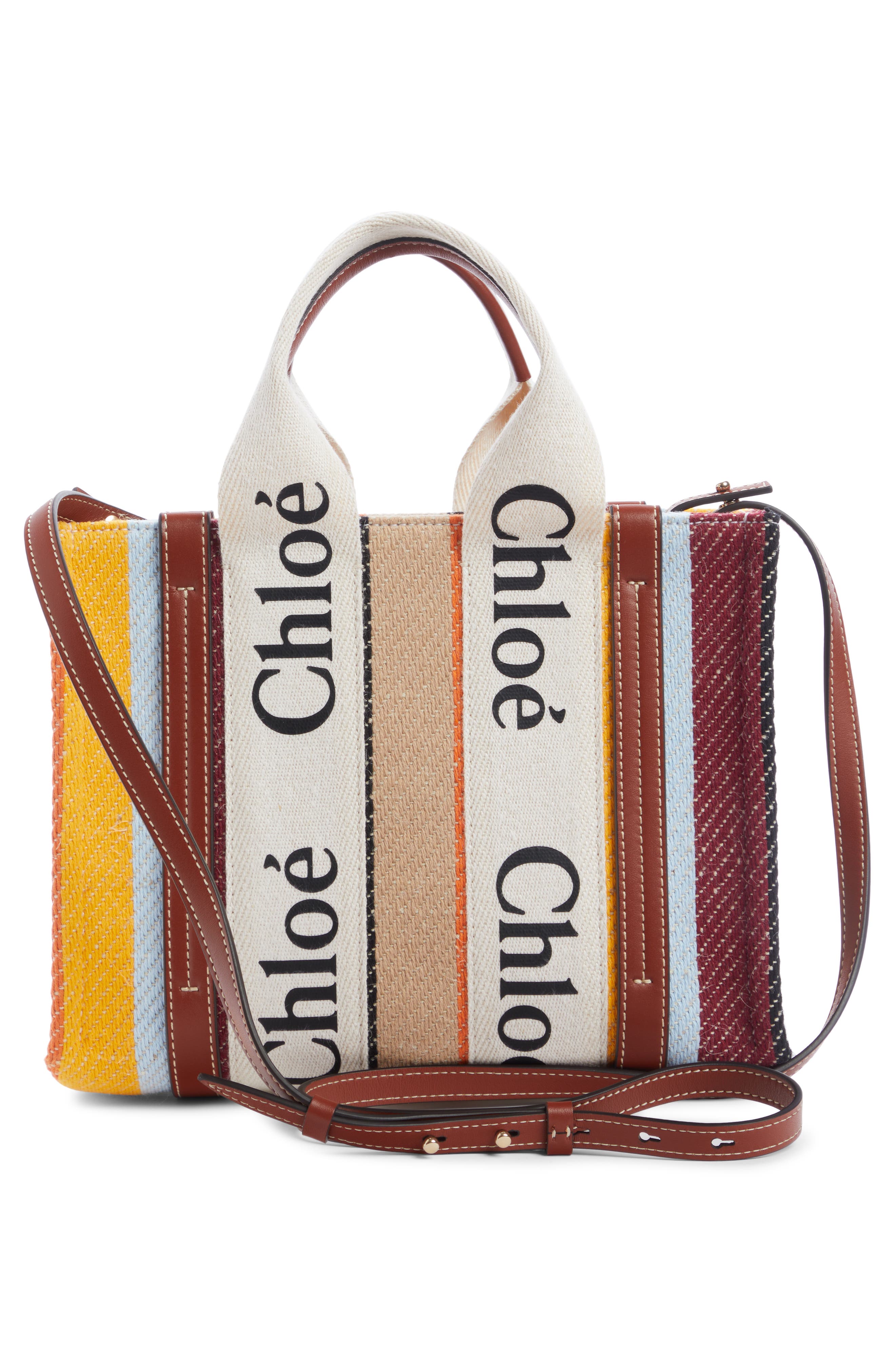 Chloé Woody Logo Strap Stripe Cotton Crossbody Bag, Alternate, color, 