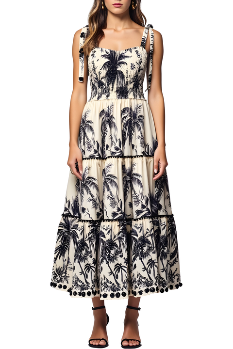 Tropical Print Tiered Midi Dress with Pom Trim and Smocked Bodice