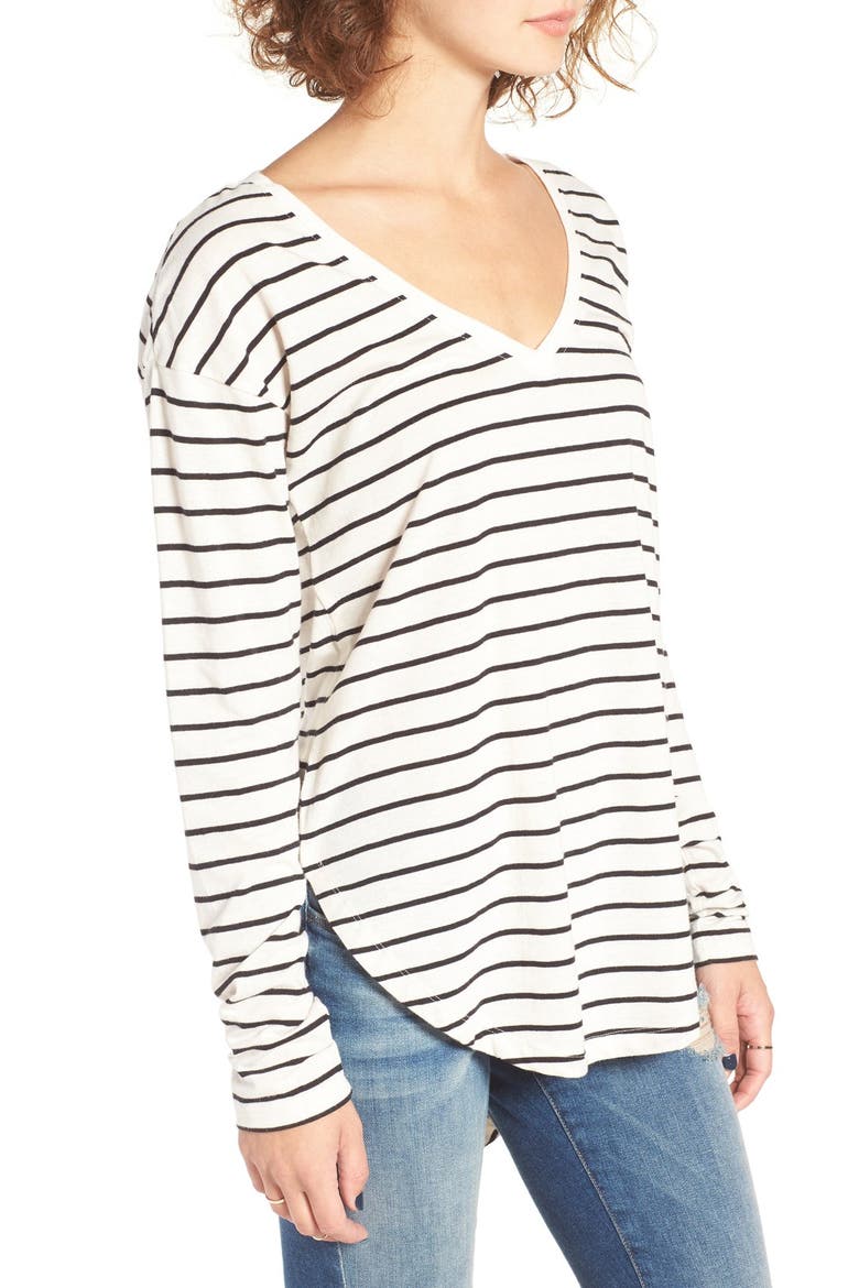 V-Neck Long Sleeve Stripe Tee, Alternate, color, IVORY EGRET TINY STRIPE