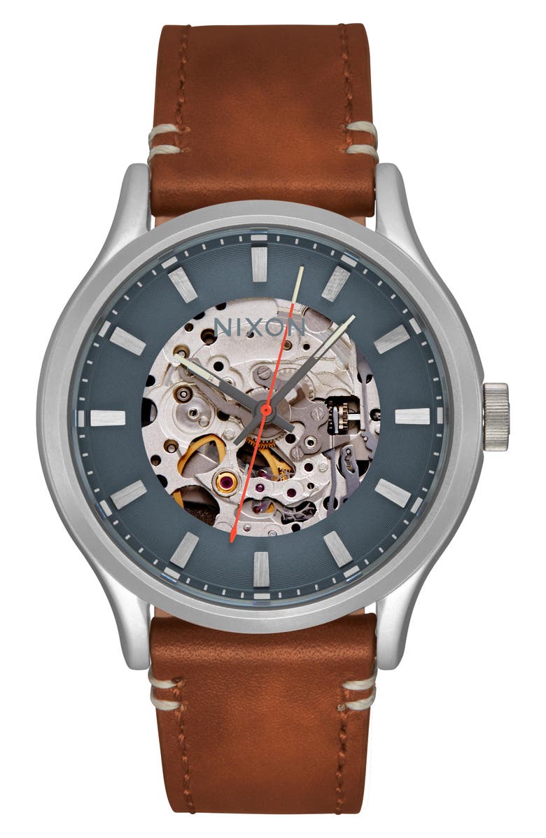 Nixon Spectra Skeleton Dial Leather Bracelet Watch, 40mm, Main, color, 