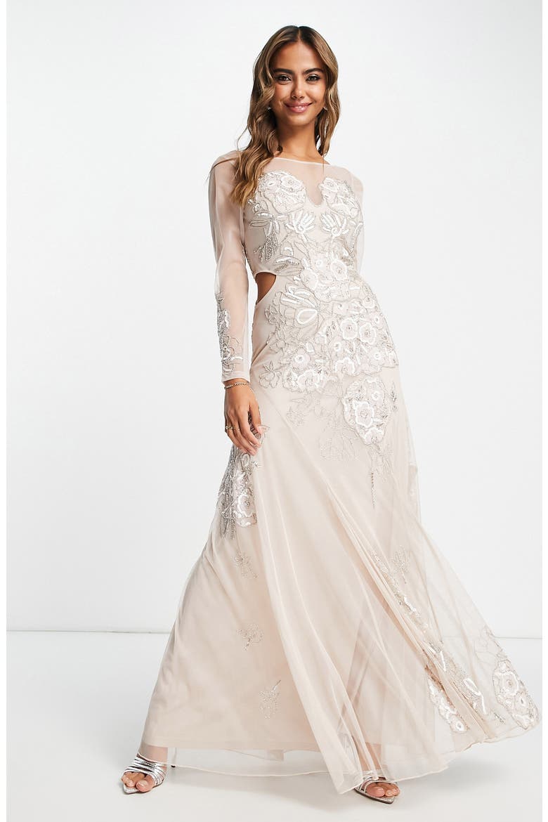 Floral Long Sleeve Maxi Dress, Alternate, color, NUDE
