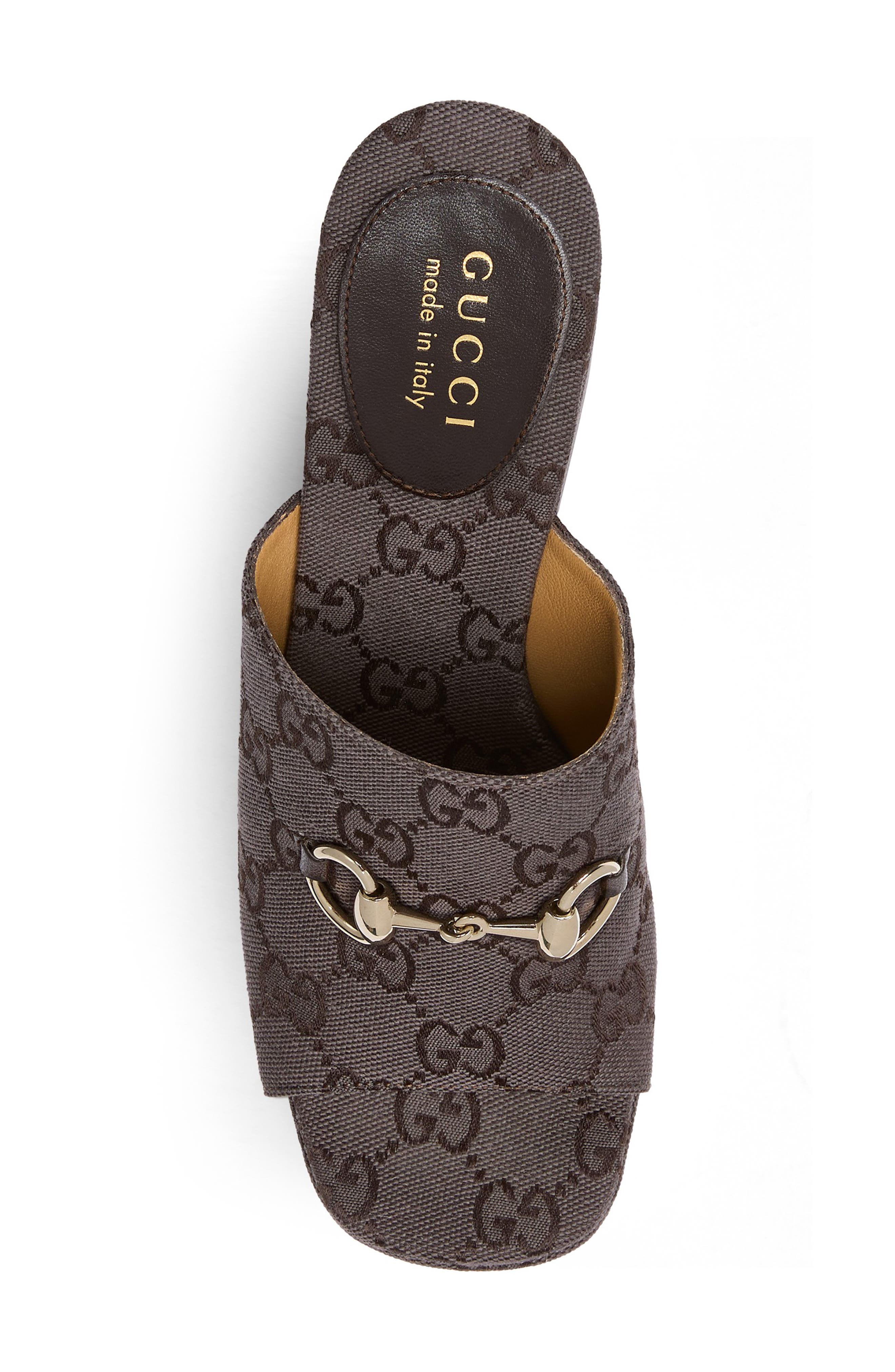 Gucci Carmen Horsebit GG Monogram Platform Wedge Sandal, Alternate, color, Brown