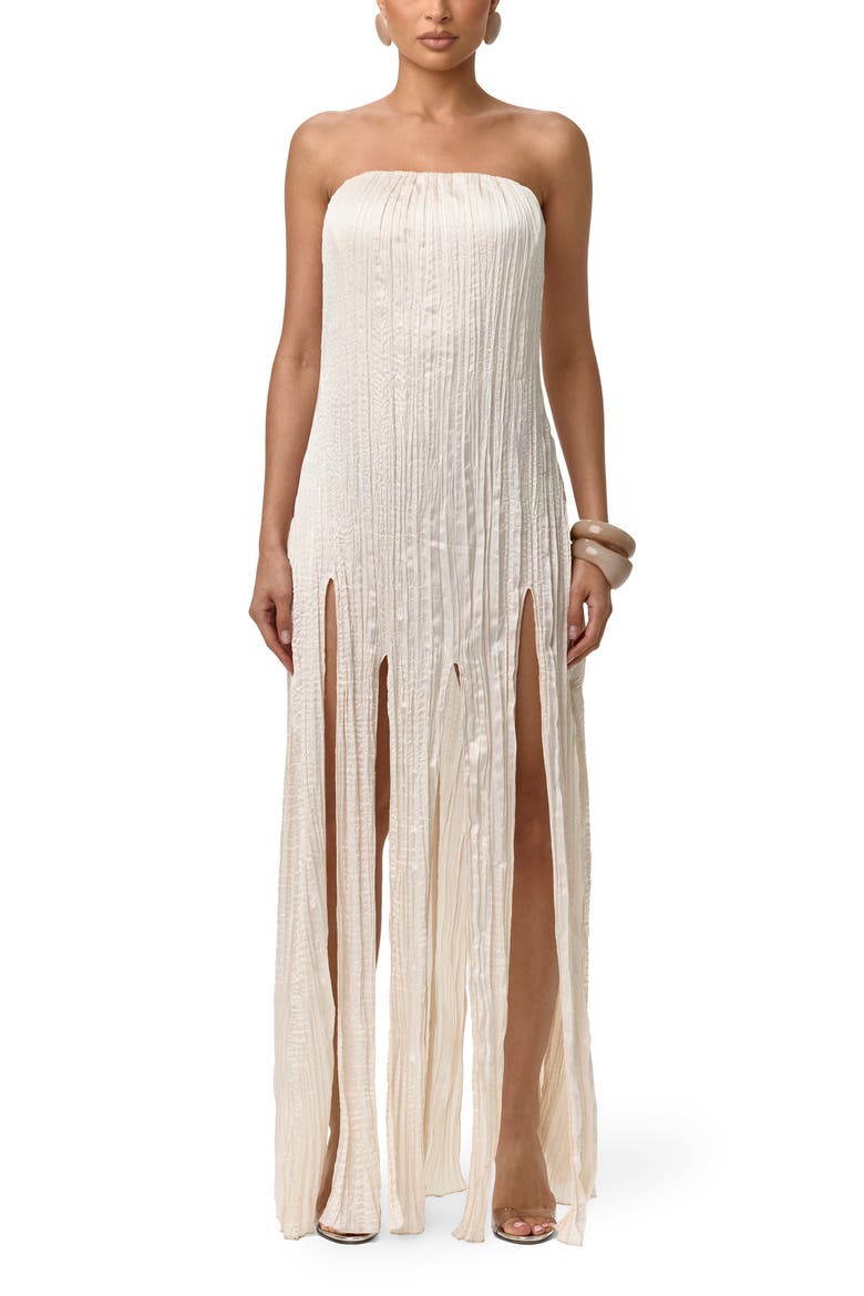 Strapless Fring Detail Satin Plissé Dress, Main, color, CREMA