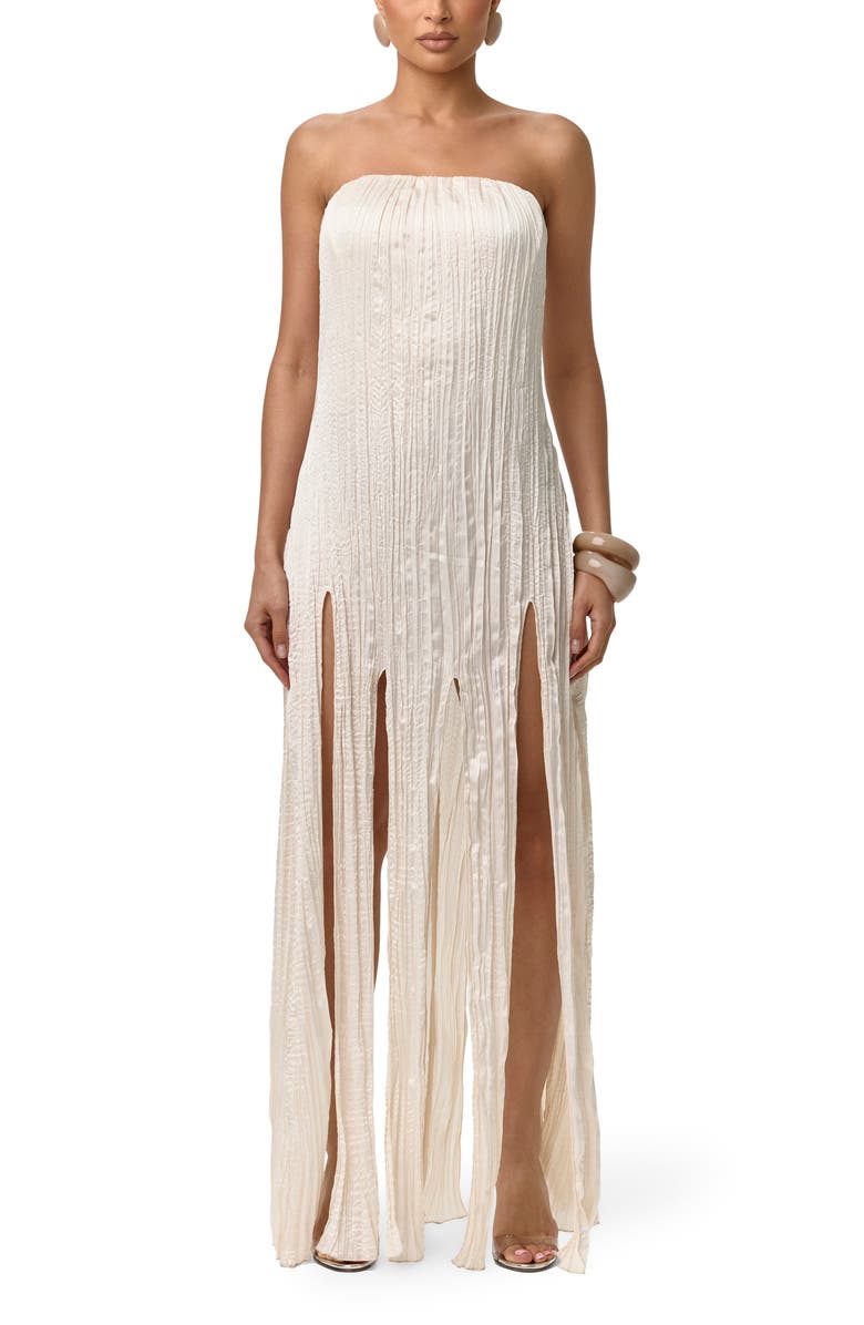 Naked Wardrobe Strapless Fring Detail Satin Plissé Dress, Main, color, Crema