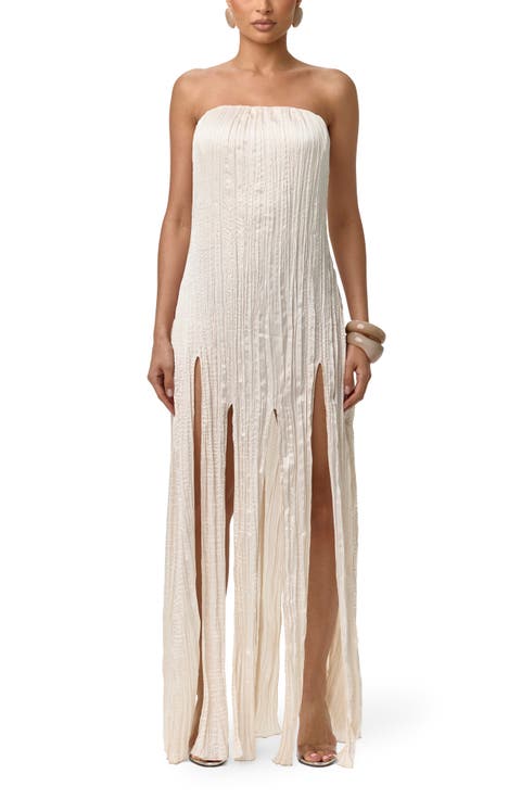 Strapless Fring Detail Satin Plissé Dress