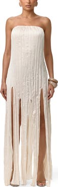 Naked Wardrobe Strapless Fring Detail Satin Plissé Dress