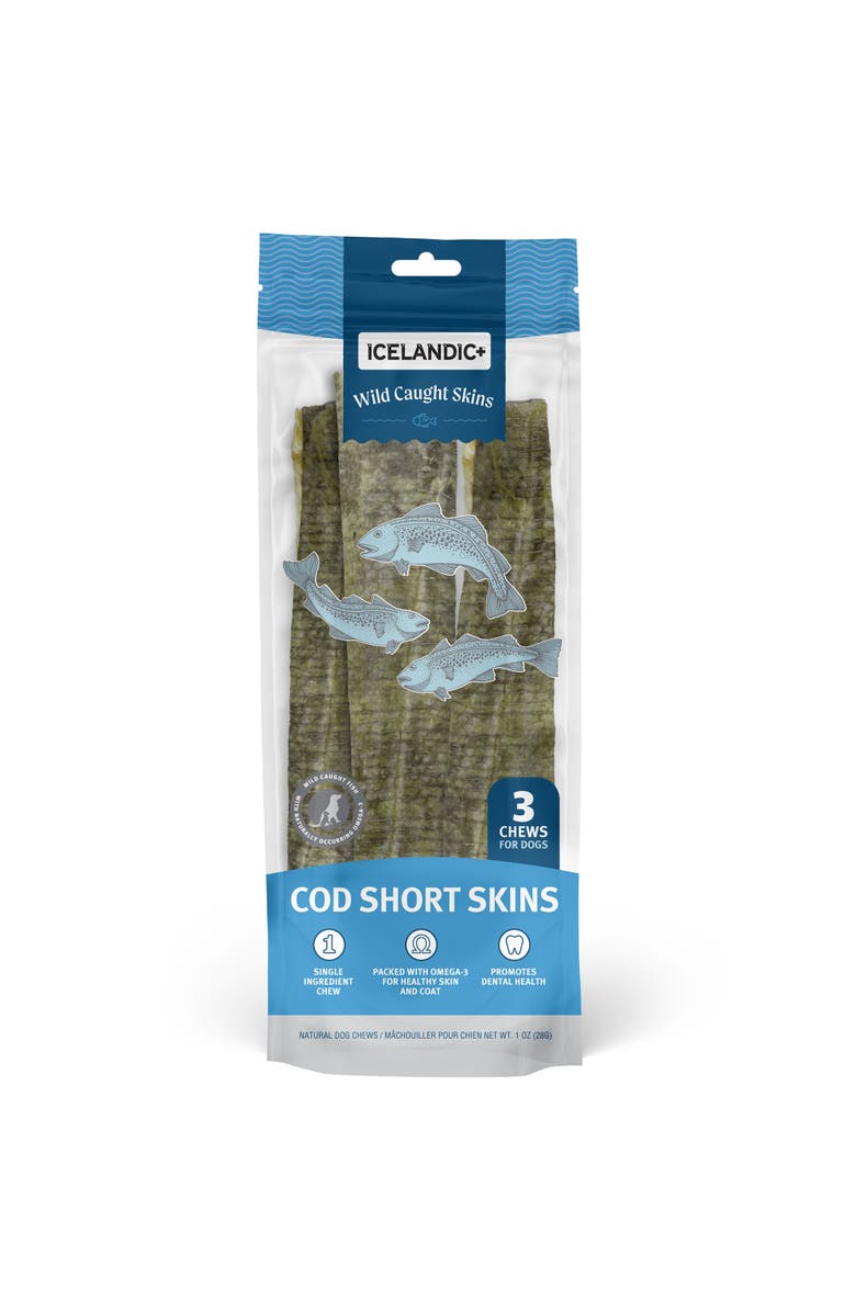 ICELANDIC+ Cod Short Skins 3 Pack - Dog Treat Chews, 8-10" Strips Pet Snack, Main, color, 