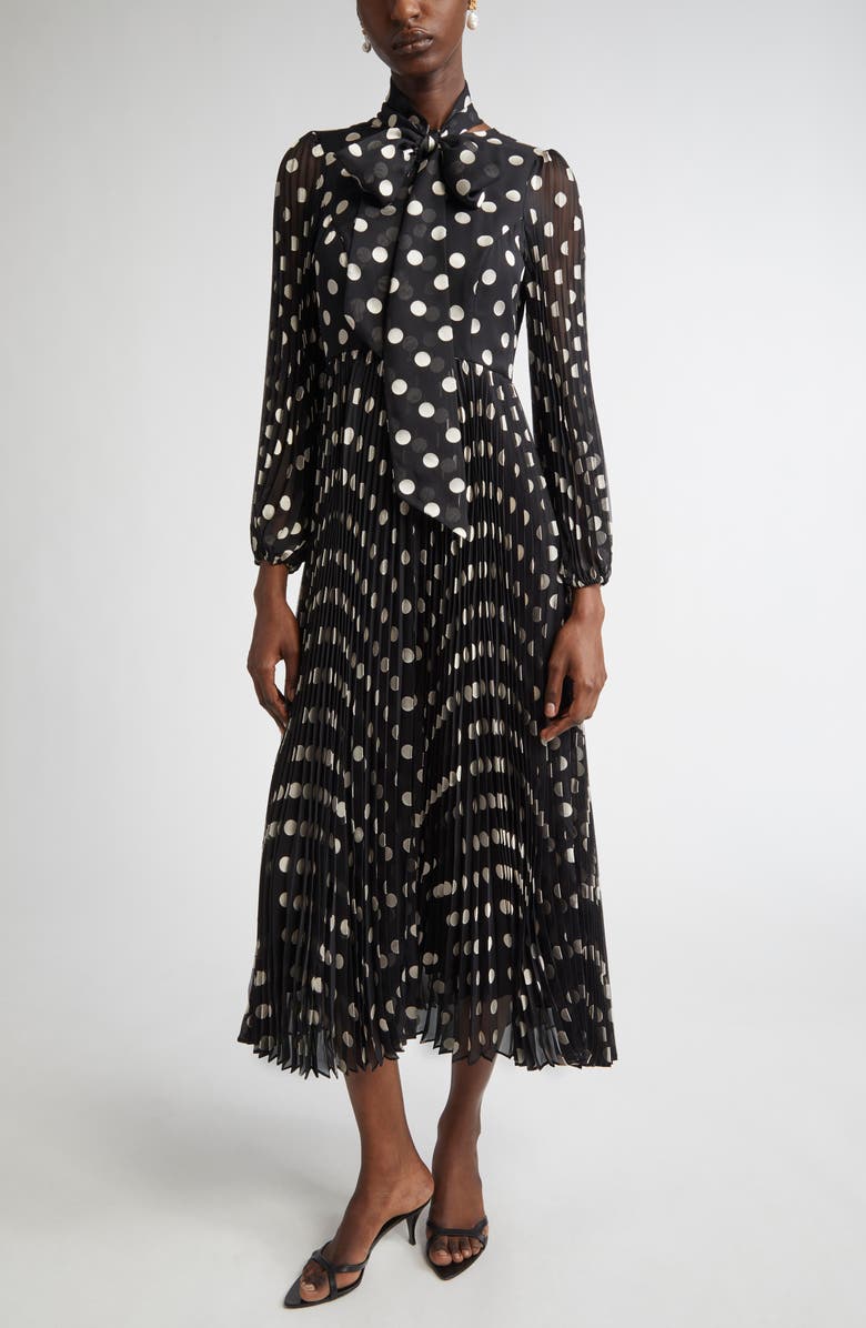 Zimmermann Polka Dot Pleated Midi Dress with Removable Pussy Bow, Main, color, 