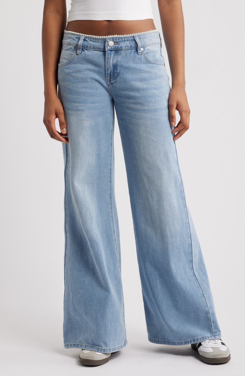 PTCL Faux Pearl Trim Wide Leg Jeans, Main, color, Indigo