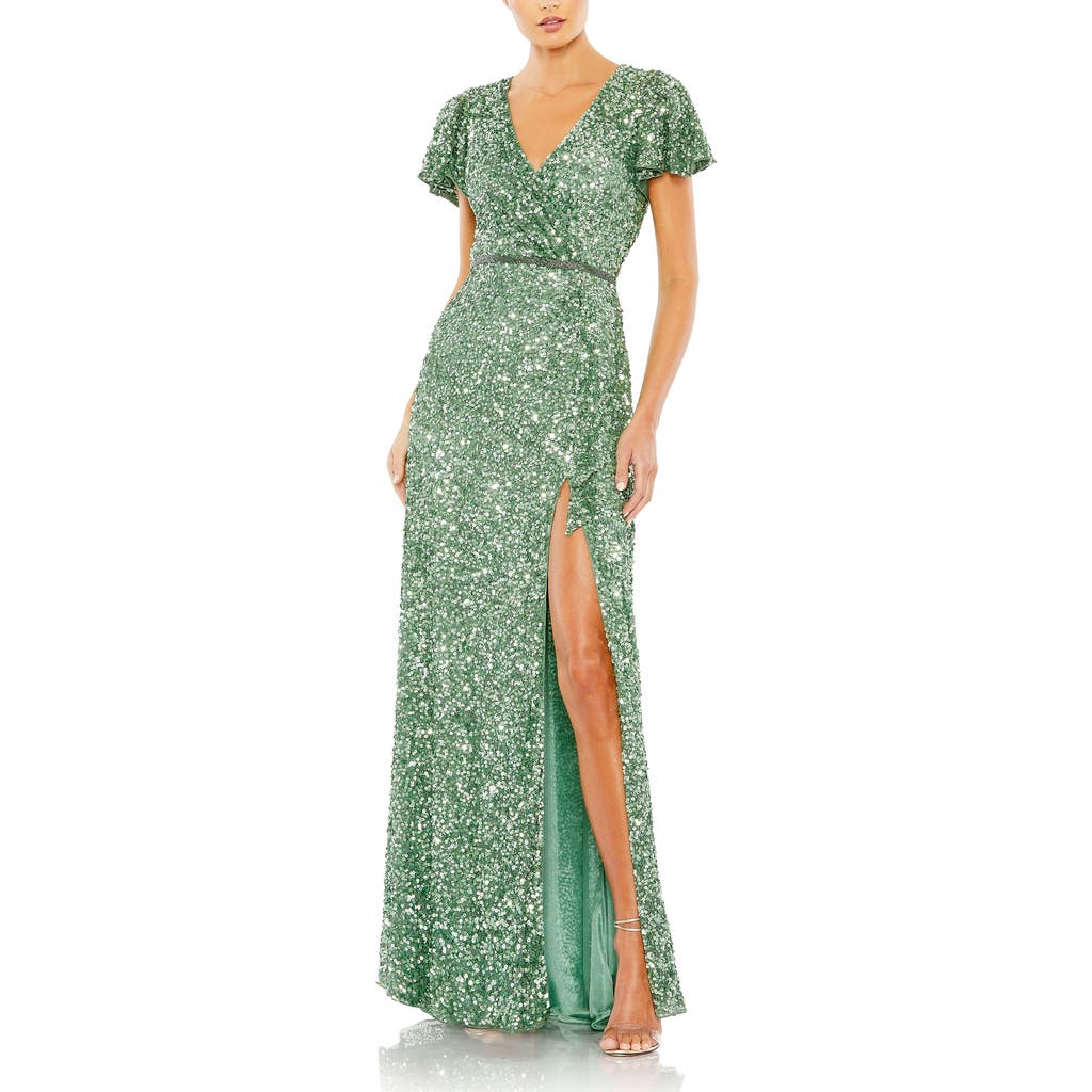 MAC DUGGAL MAC DUGGAL SEQUINED WRAP OVER BUTTERFLY SLEEVE DRAPED GOWN