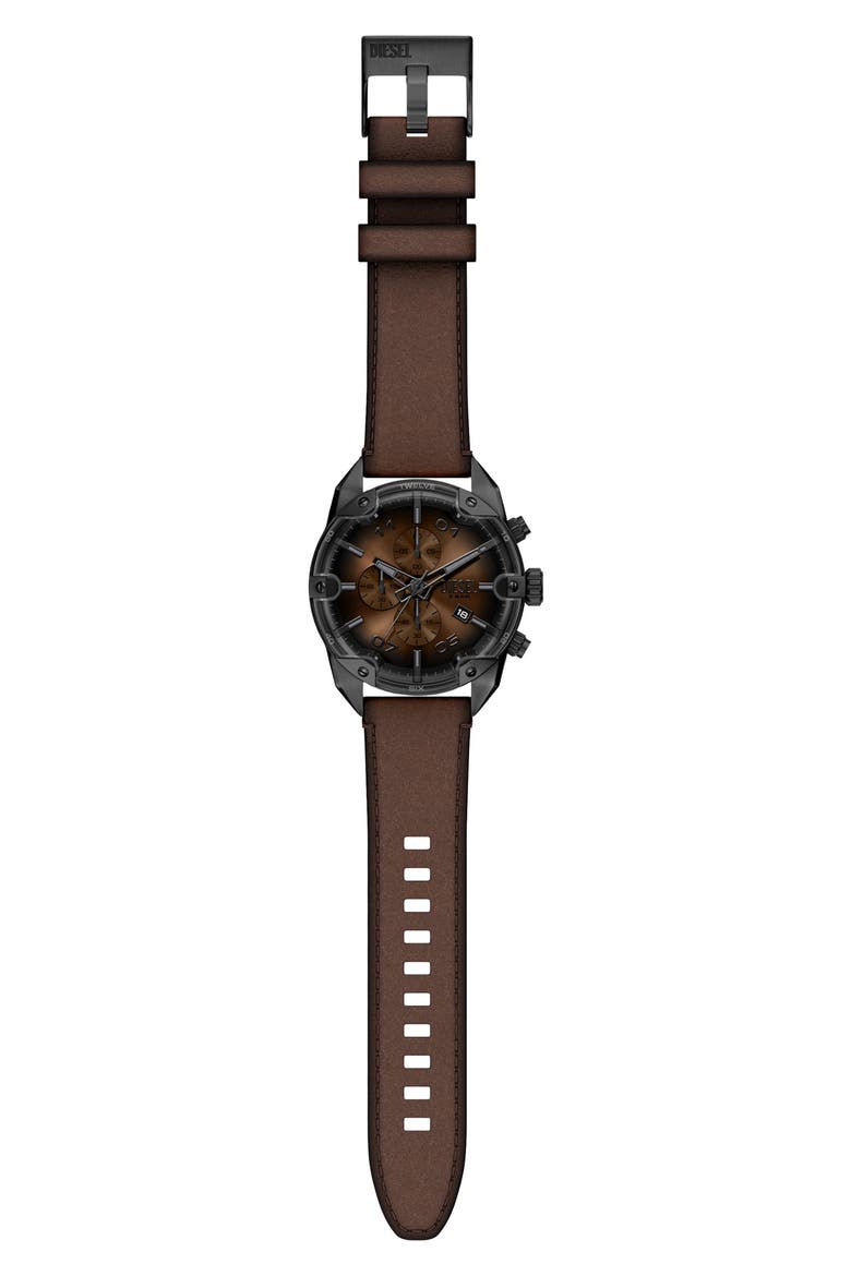 Spiked Chronograph Leather Strap Watch, 49mm, Alternate, color, BROWN/ GUNMETAL