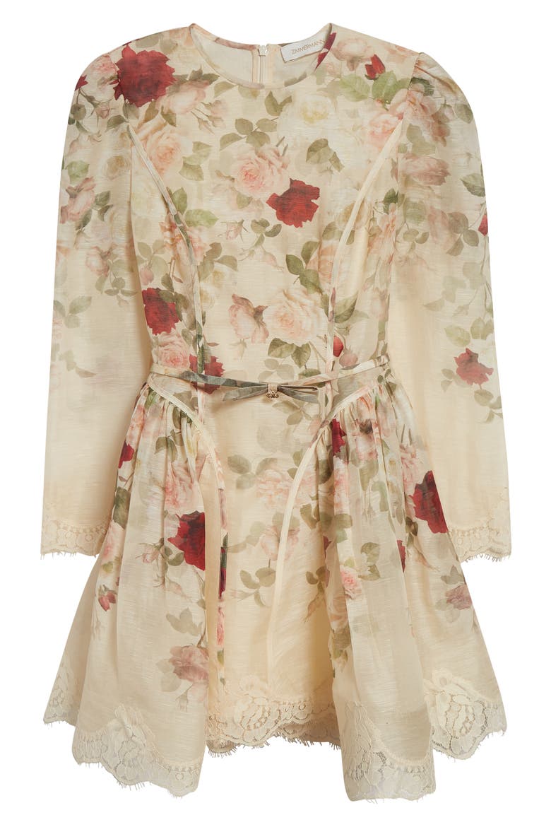 hypnotic lace trim mini dress Hypnotic Lace Trim Long Sleeve Belted Linen & Silk Minidress (Women)