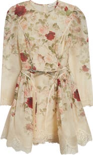 Zimmermann Hypnotic Lace Trim Long Sleeve Belted Linen & Silk Minidress