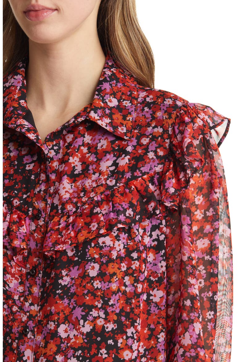 Floral Print Ruffle Long Sleeve Shirtdress, Alternate, color, BLACK MULTI