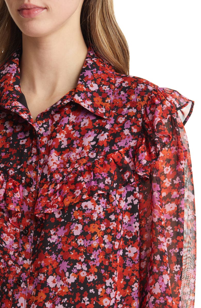 Julia Jordan Floral Print Ruffle Long Sleeve Shirtdress, Alternate, color, Black Multi