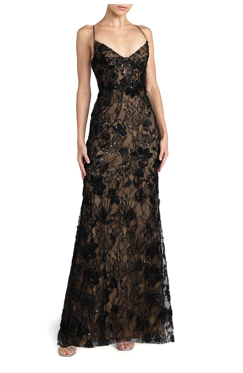 Mac Duggal Floral Embroidered Sleeveless Open Back Gown, Main, color, Black Nude