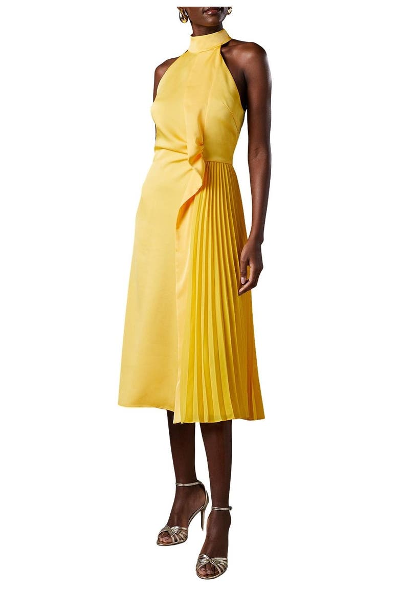 Coast Halter Pleated Asymmetric Hem Midi Dress, Alternate, color, Yellow