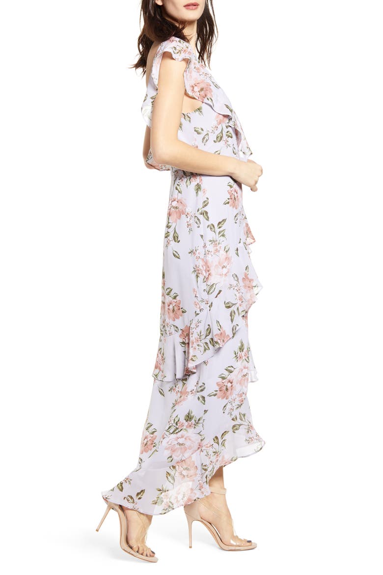 Morgana Floral Tiered Ruffle Asymmetrical Sleeve Maxi Dress, Alternate, color, DUSTY BLUE FLORAL