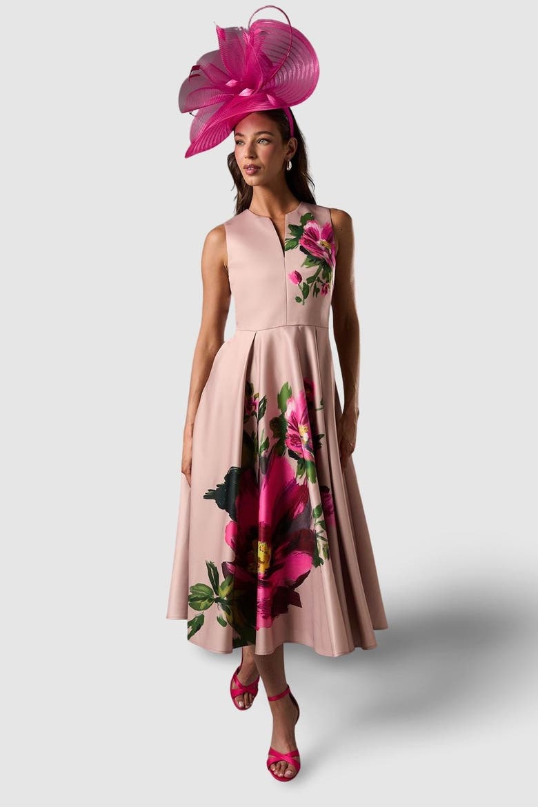 Notch Neck Placement Print Midi Dress, Main, color, Blush