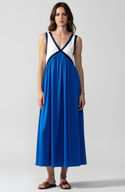 Sleeveless Colorblock Maxi Dress with Empire Waist and V-Neckline