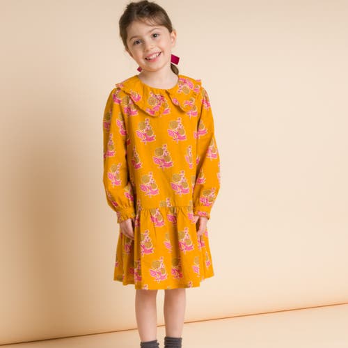 Beet World Girls' Wide Collar Long Sleeve Dress With Low Waist In Mustard And Pink