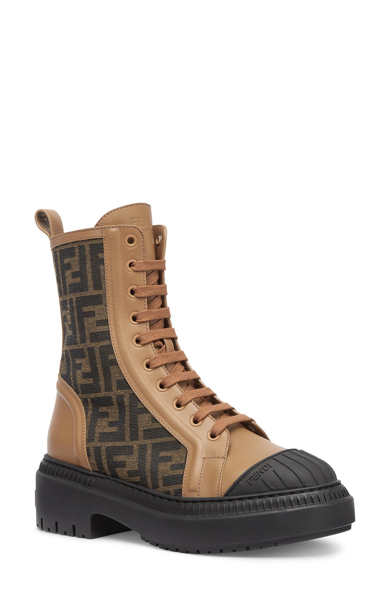 Fendi FF Domino Cap Toe Combat Boot, Alternate, color, Tabacco Nero/ Sand